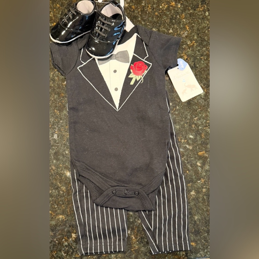 Little Treasure 0-3 Mo Tuxedo Bodysuit Pants & Shoes 3-Piece Set  NWT